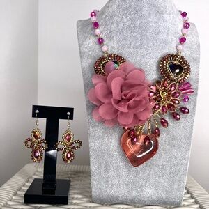 Elegant Pink Floral Necklace and Earring Set